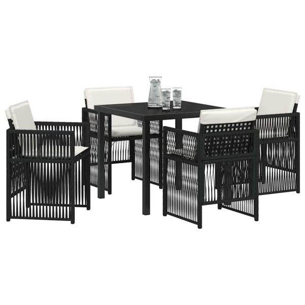 5-teiliges Garten Esszimmer Set mit Kissen Schwarz Poly Rattan, Gartentisch Schwarz 80x80x73 cm mit gehärtetem Glas
