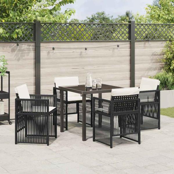 5-teiliges Garten Esszimmer Set mit Kissen Schwarz Poly Rattan, Gartentisch Schwarz 80x80x73 cm mit gehärtetem Glas