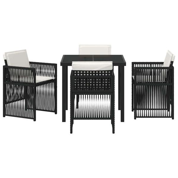 5-teiliges Garten Esszimmer Set mit Kissen Schwarz Poly Rattan, Gartentisch Schwarz 80x80x73 cm mit gehärtetem Glas