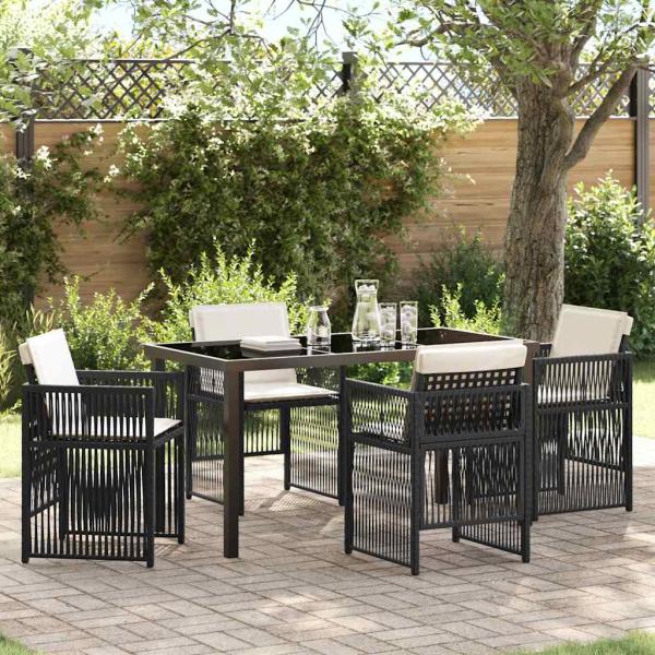 ARDEBO.de - 5-teiliges Garten Esstisch Set mit Kissen Schwarz Poly Rattan, Gartentisch Schwarz 140x80x73 cm mit gehärtetem Glas