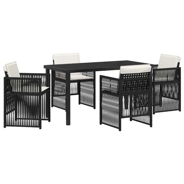 5-teiliges Garten Esstisch Set mit Kissen Schwarz Poly Rattan, Gartentisch Schwarz 140x80x73 cm mit gehärtetem Glas