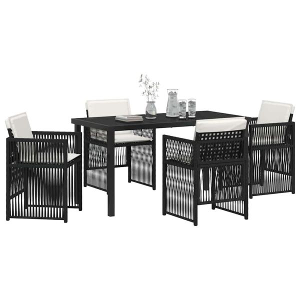 5-teiliges Garten Esstisch Set mit Kissen Schwarz Poly Rattan, Gartentisch Schwarz 140x80x73 cm mit gehärtetem Glas