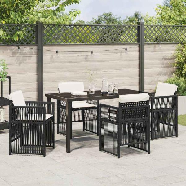 5-teiliges Garten Esstisch Set mit Kissen Schwarz Poly Rattan, Gartentisch Schwarz 140x80x73 cm mit gehärtetem Glas