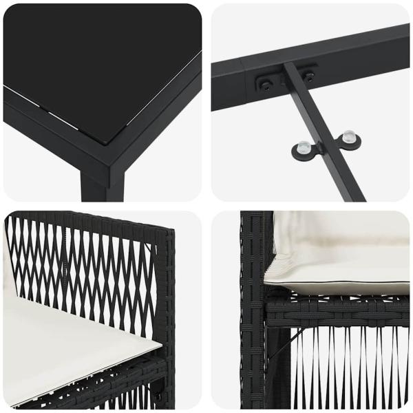 5-teiliges Garten Esstisch Set mit Kissen Schwarz Poly Rattan, Gartentisch Schwarz 140x80x73 cm mit gehärtetem Glas