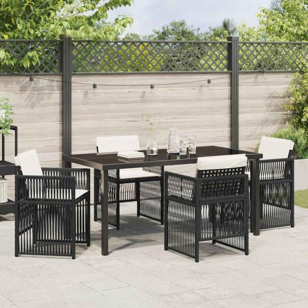 5-teilige Garten Essgruppe mit Kissen Schwarz Polyrattan, Gartentisch Schwarz 160x80x73 cm Tempered Glass