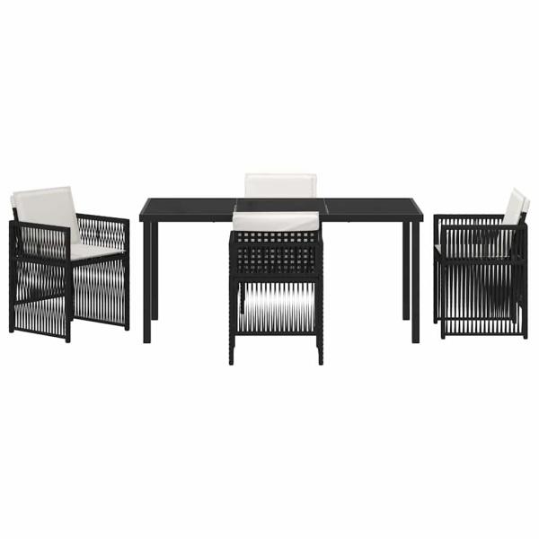 5-teilige Garten Essgruppe mit Kissen Schwarz Polyrattan, Gartentisch Schwarz 160x80x73 cm Tempered Glass