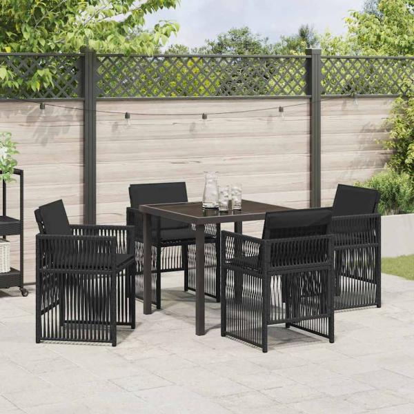 5-teiliges Garten-Esszimmer Set mit Kissen Schwarz Poly Rattan, Gartentisch Schwarz 80x80x73 cm Tempered Glass
