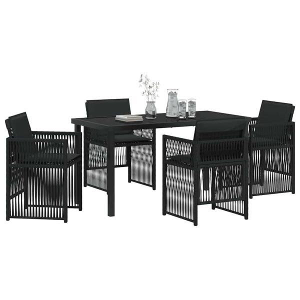 5-teiliges Garten Essgruppe mit Kissen Schwarz Poly Rattan, Gartentisch Schwarz 140x80x73 cm Temperglas