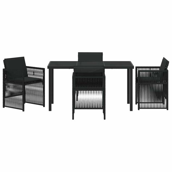 5-teiliges Garten Essgruppe mit Kissen Schwarz Poly Rattan, Gartentisch Schwarz 140x80x73 cm Temperglas