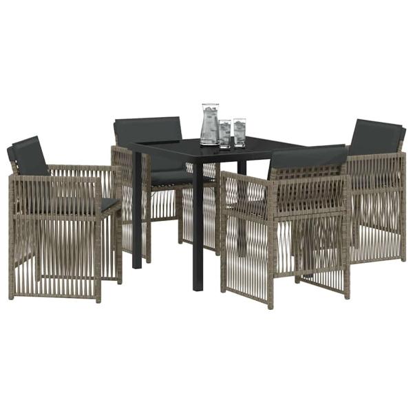 5-teiliges Garten Esstisch Set mit Kissen Grau Poly Rattan, Gartentisch Schwarz 80x80x73 cm Tempered Glass