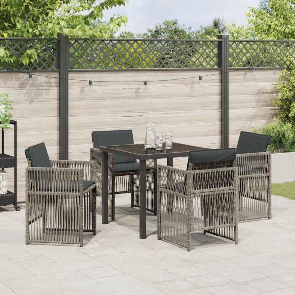 5-teiliges Garten Esstisch Set mit Kissen Grau Poly Rattan, Gartentisch Schwarz 80x80x73 cm Tempered Glass