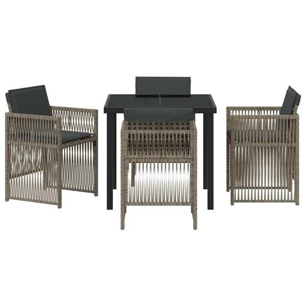 5-teiliges Garten Esstisch Set mit Kissen Grau Poly Rattan, Gartentisch Schwarz 80x80x73 cm Tempered Glass