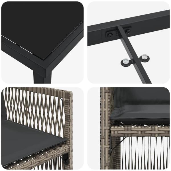 5-teiliges Garten Esstisch Set mit Kissen Grau Poly Rattan, Gartentisch Schwarz 80x80x73 cm Tempered Glass