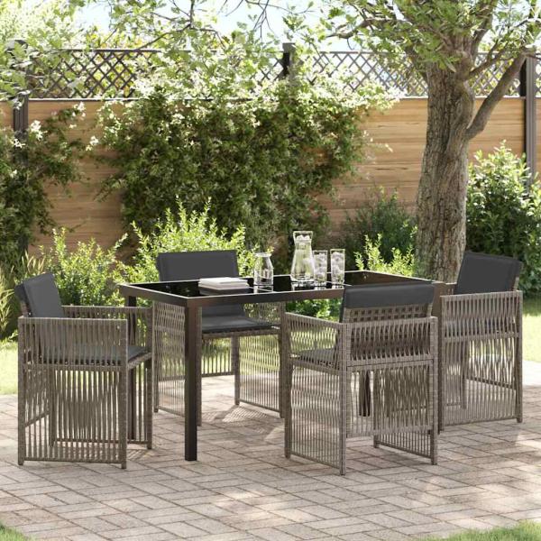 ARDEBO.de - 5-Teiliges Garten Esstisch Set mit Kissen Grau Poly Rattan, Gartentisch Schwarz 140x80x73 cm Tempered Glas