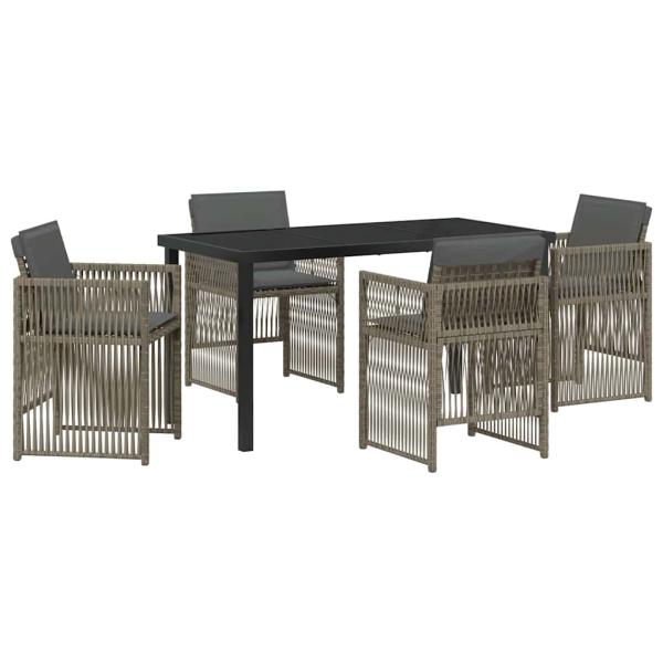5-Teiliges Garten Esstisch Set mit Kissen Grau Poly Rattan, Gartentisch Schwarz 140x80x73 cm Tempered Glas