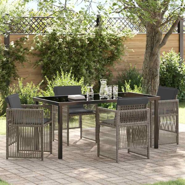 ARDEBO.de - 5-teilige Garten Essgruppe mit Kissen Grau Poly Rattan, Gartentisch Schwarz 160x80x73 cm Temperiertes Glas