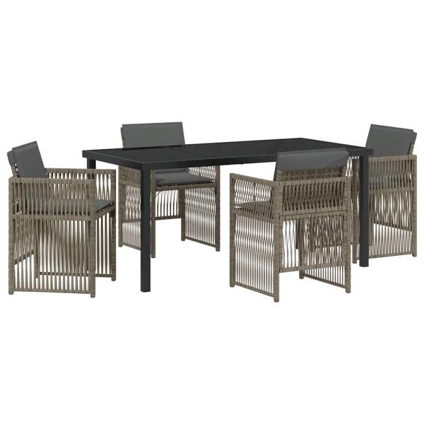 5-teilige Garten Essgruppe mit Kissen Grau Poly Rattan, Gartentisch Schwarz 160x80x73 cm Temperiertes Glas