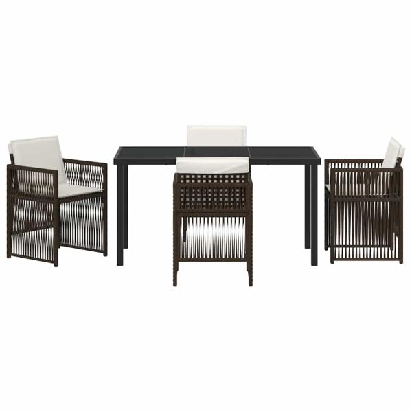5-teiliges Garten-Essset mit Kissen Braun Poly-Rattan, Gartentisch Schwarz 140x80x73 cm mit gehärtetem Glas