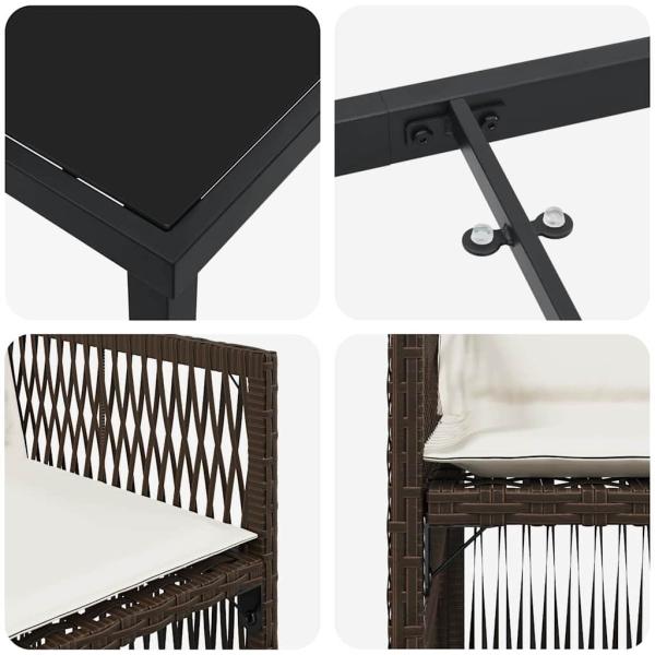 5-teiliges Garten-Essset mit Kissen Braun Poly-Rattan, Gartentisch Schwarz 140x80x73 cm mit gehärtetem Glas