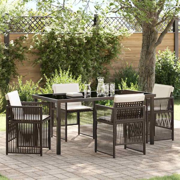 ARDEBO.de - 5-teiliges Garten Esszimmer Set mit Kissen Braun Poly Rattan, Garten Tisch Schwarz 160x80x73 cm Sicherheitsglas