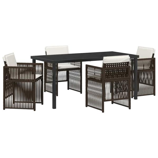 5-teiliges Garten Esszimmer Set mit Kissen Braun Poly Rattan, Garten Tisch Schwarz 160x80x73 cm Sicherheitsglas