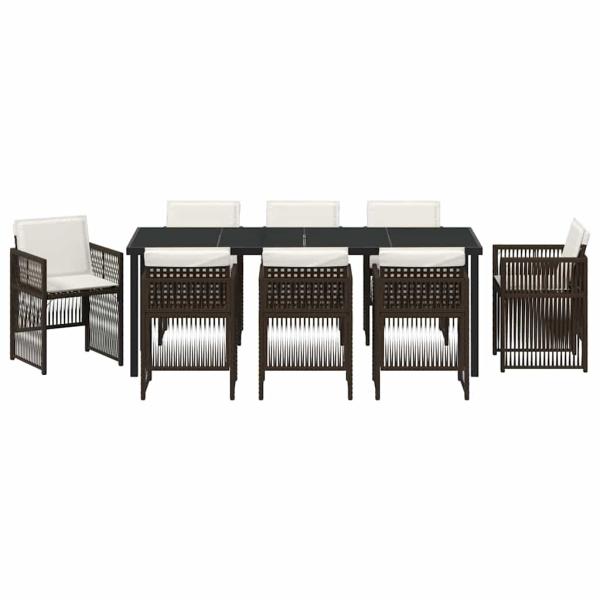 9-teilige Garten Essgruppe mit Kissen Braun Poly Rattan, Gartentisch Schwarz 200x80x73 cm Tempered Glass