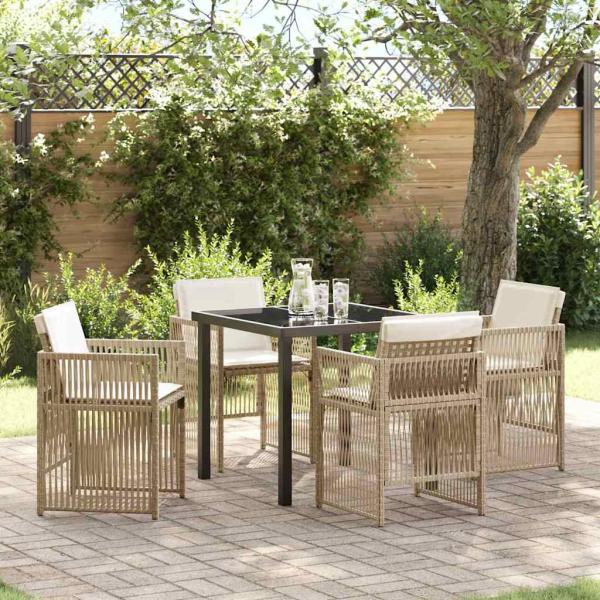 ARDEBO.de - 5-teilige Garten Essgruppe mit Kissen Beige Poly Rattan, Gartentisch Schwarz 80x80x73 cm Gehärtetes Glas