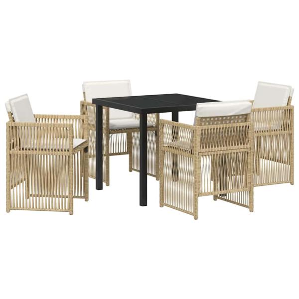 5-teilige Garten Essgruppe mit Kissen Beige Poly Rattan, Gartentisch Schwarz 80x80x73 cm Gehärtetes Glas