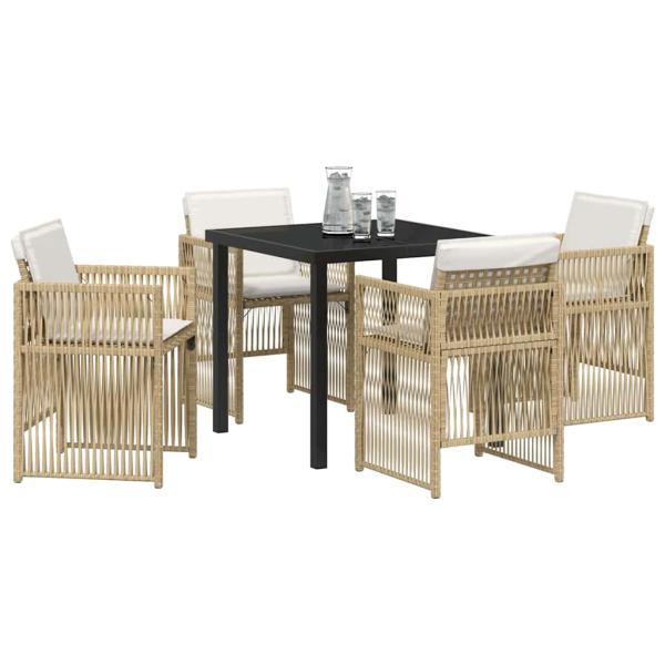 5-teilige Garten Essgruppe mit Kissen Beige Poly Rattan, Gartentisch Schwarz 80x80x73 cm Gehärtetes Glas