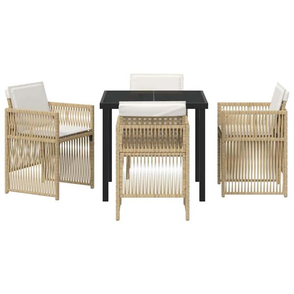 5-teilige Garten Essgruppe mit Kissen Beige Poly Rattan, Gartentisch Schwarz 80x80x73 cm Gehärtetes Glas