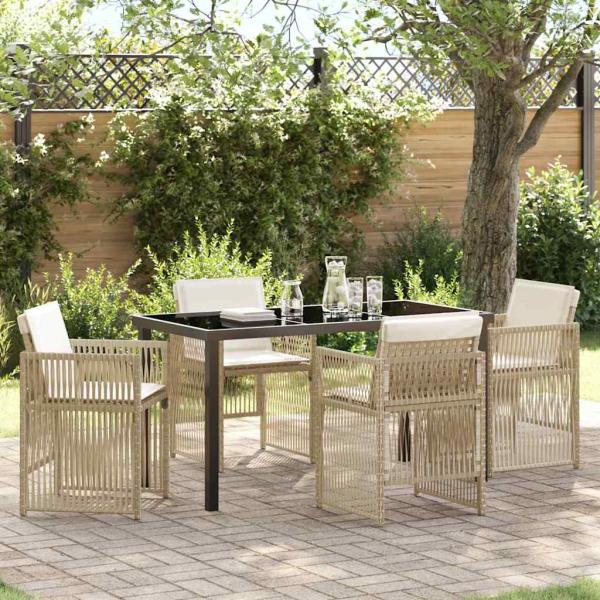 ARDEBO.de - 5-teiliges Garten Essset mit Kissen in Beige Poly Rattan, Gartentisch Schwarz 140x80x73 cm mit Sicherheitsglas