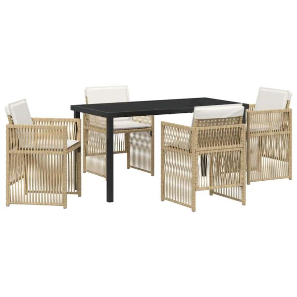 5-teiliges Garten Essset mit Kissen in Beige Poly Rattan, Gartentisch Schwarz 140x80x73 cm mit Sicherheitsglas
