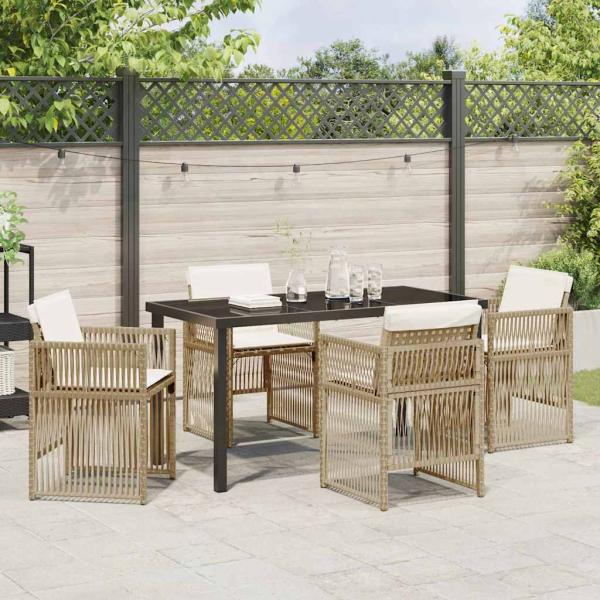 5-teiliges Garten Essset mit Kissen in Beige Poly Rattan, Gartentisch Schwarz 140x80x73 cm mit Sicherheitsglas