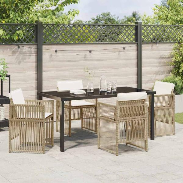 5-teilige Garten Essgruppe mit Kissen Beige Poly Rattan, Gartentisch Schwarz 160x80x73 cm Sicherheitsglas