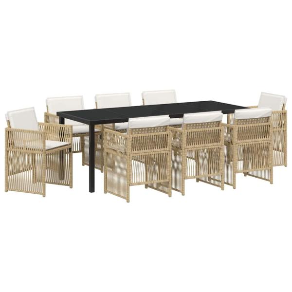 ARDEBO.de - 9-teiliges Garten Essset mit Kissen Beige Poly Rattan, Gartentisch Schwarz 200x80x73 cm Sicherheitsglas