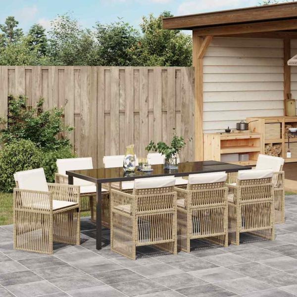 9-teiliges Garten Essset mit Kissen Beige Poly Rattan, Gartentisch Schwarz 200x80x73 cm Sicherheitsglas