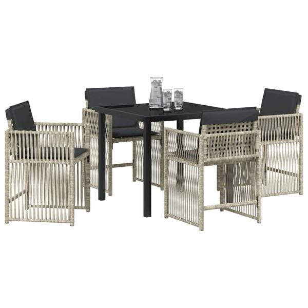 5-teilige Garten-Essgruppe mit Polstern Hellgrau Poly-Rattan, Gartentisch Schwarz 80x80x73 cm mit Sicherheitsglas