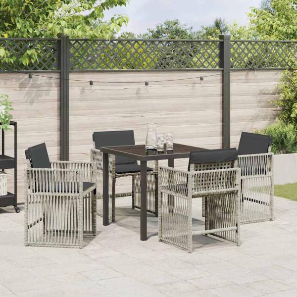 5-teilige Garten-Essgruppe mit Polstern Hellgrau Poly-Rattan, Gartentisch Schwarz 80x80x73 cm mit Sicherheitsglas
