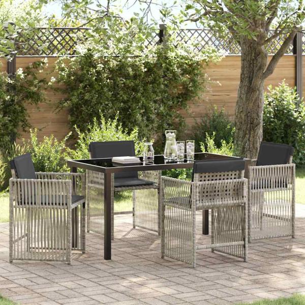 ARDEBO.de - 5-teilige Garten Essgruppen mit Kissen Hellgrau Poly Rattan, Gartentisch Schwarz 140x80x73 cm Temperiertes Glas