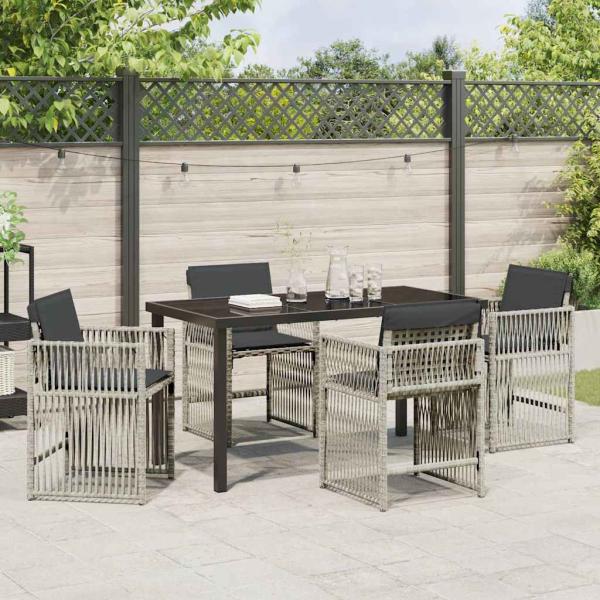 5-teilige Garten Essgruppen mit Kissen Hellgrau Poly Rattan, Gartentisch Schwarz 140x80x73 cm Temperiertes Glas