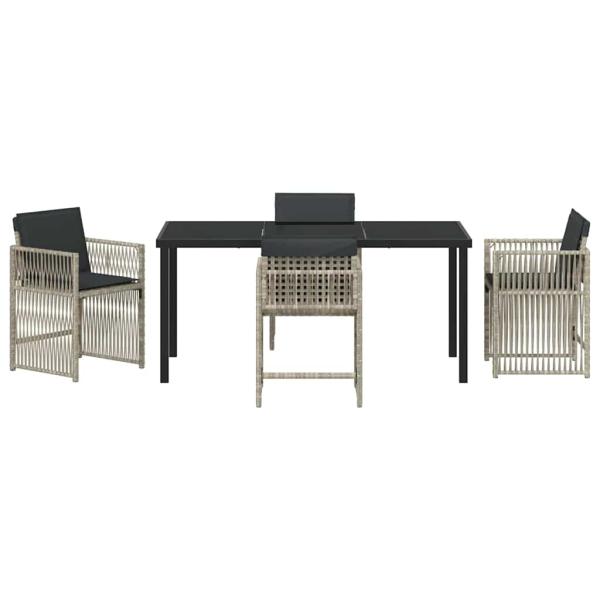 5-teilige Garten Essgruppen mit Kissen Hellgrau Poly Rattan, Gartentisch Schwarz 140x80x73 cm Temperiertes Glas