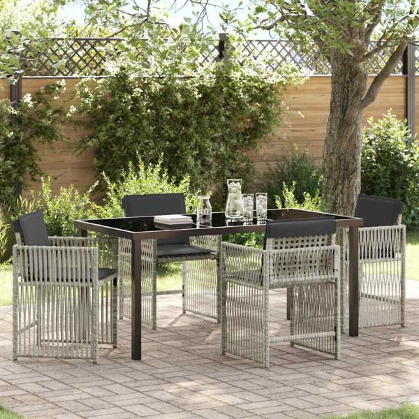 ARDEBO.de - 5-teilige Garten Essgruppe mit Kissen Hellgrau Poly Rattan, Gartentisch Schwarz 160x80x73 cm Sicherheitsglas