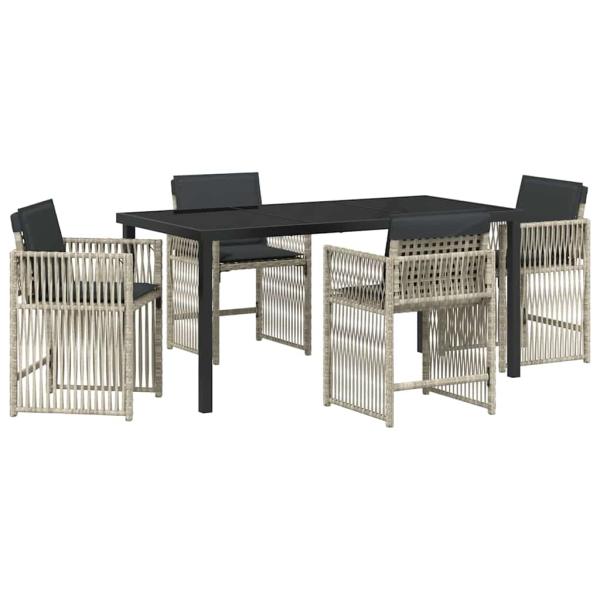 5-teilige Garten Essgruppe mit Kissen Hellgrau Poly Rattan, Gartentisch Schwarz 160x80x73 cm Sicherheitsglas