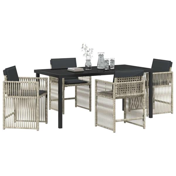 5-teilige Garten Essgruppe mit Kissen Hellgrau Poly Rattan, Gartentisch Schwarz 160x80x73 cm Sicherheitsglas