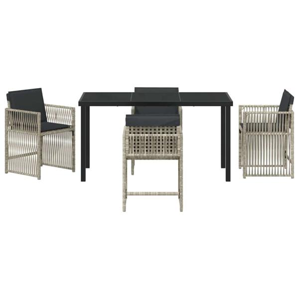 5-teilige Garten Essgruppe mit Kissen Hellgrau Poly Rattan, Gartentisch Schwarz 160x80x73 cm Sicherheitsglas