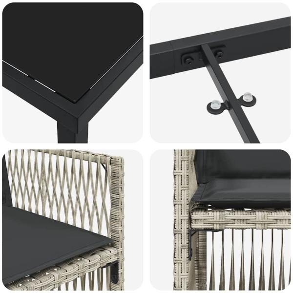 5-teilige Garten Essgruppe mit Kissen Hellgrau Poly Rattan, Gartentisch Schwarz 160x80x73 cm Sicherheitsglas