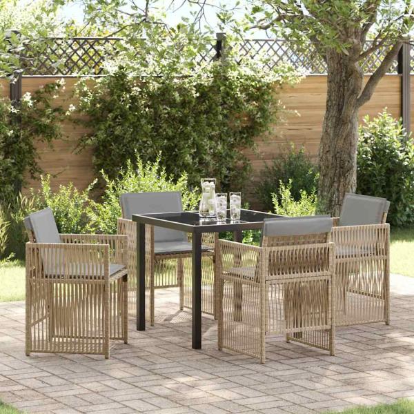 ARDEBO.de - 5-teiliges Garten Esszimmer Set mit Kissen Beige Poly Rattan, Gartentisch Schwarz 80x80x73 cm mit Sicherheitsglas