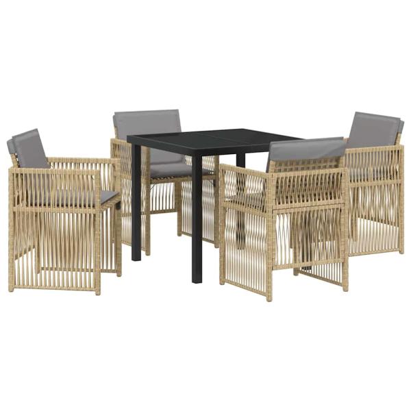 5-teiliges Garten Esszimmer Set mit Kissen Beige Poly Rattan, Gartentisch Schwarz 80x80x73 cm mit Sicherheitsglas
