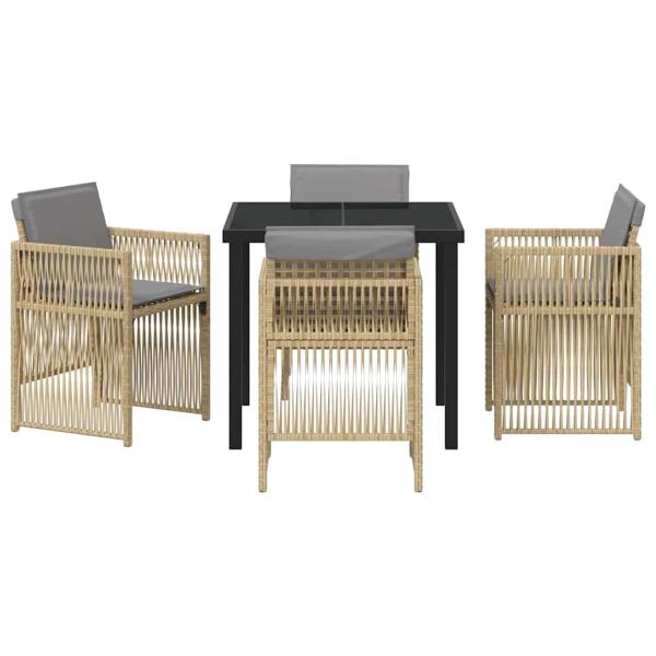 5-teiliges Garten Esszimmer Set mit Kissen Beige Poly Rattan, Gartentisch Schwarz 80x80x73 cm mit Sicherheitsglas