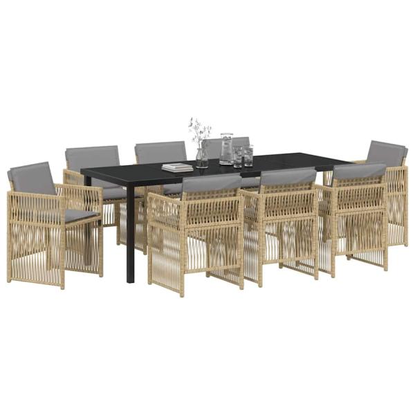 ARDEBO.de - 9-teiliges Garten Essset mit Kissen Beige Poly Rattan, Gartentisch Schwarz 200x80x73 cm Sicherheitsglas